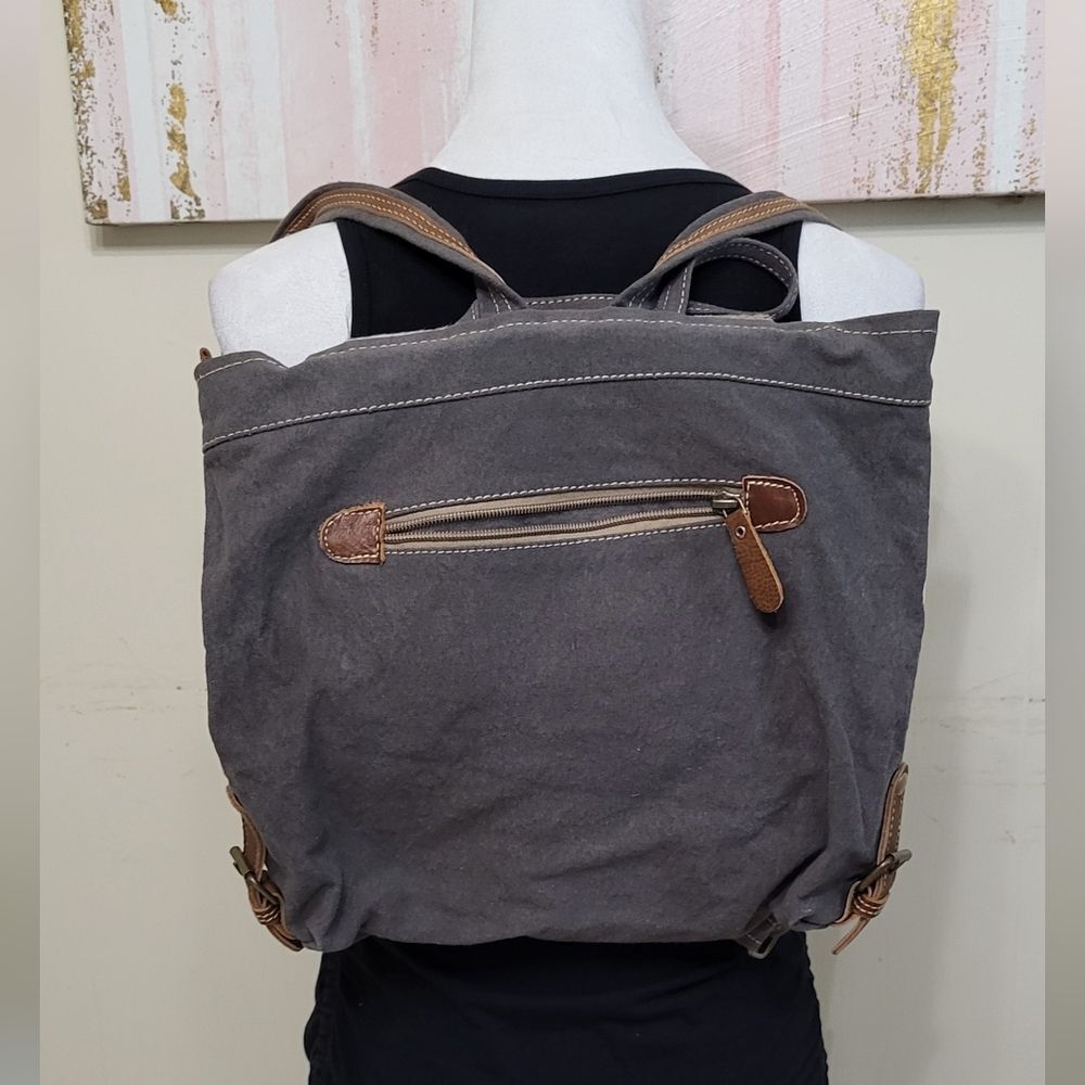 Myra Bag NWOT Artist's Impression Hairon Flapover Canvas & Leather Backpack - Picture 8 of 9